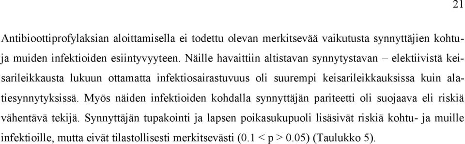 keisarileikkauksissa kuin alatiesynnytyksissä. Myös näiden infektioiden kohdalla synnyttäjän pariteetti oli suojaava eli riskiä vähentävä tekijä.