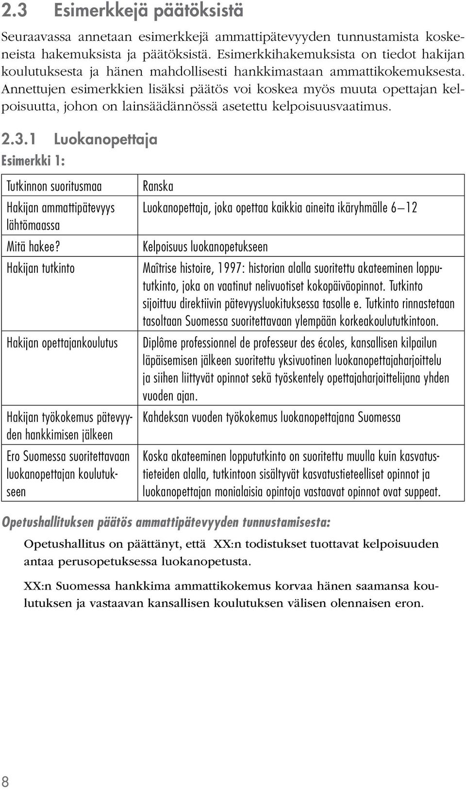 Annettujen esimerkkien lisäksi päätös voi koskea myös muuta opettajan kelpoisuutta, johon on lainsäädännössä asetettu kelpoisuusvaatimus. 2.3.