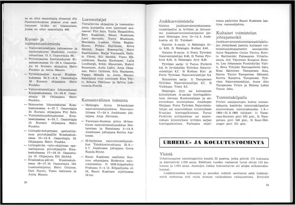 Osanottajia 18. Kurssin ohjaajina Helvi Puukko ja Anita Mauno. - Tyttöohjaajien kurssi Kisakeskuksessa 30. 5.-8. 6. Osanottajia 16. Kurssin ohjaajana Helvi P uukko.