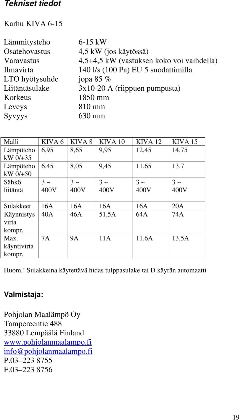 Lämpöteho 6,45 8,05 9,45 11,65 13,7 kw 0/+50 Sähkö liitäntä 3 ~ 400V 3 ~ 400V 3 ~ 400V 3 ~ 400V 3 ~ 400V Sulakkeet 16A 16A 16A 16A 20A Käynnistys 40A 46A 51,5A 64A 74A virta kompr. Max.