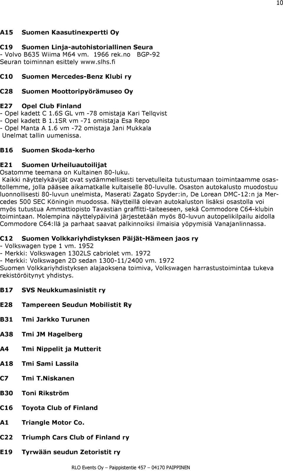 1SR vm -71 omistaja Esa Repo - Opel Manta A 1.6 vm -72 omistaja Jani Mukkala Unelmat tallin uumenissa. B16 Suomen Skoda-kerho E21 Suomen Urheiluautoilijat Osatomme teemana on Kultainen 80-luku.