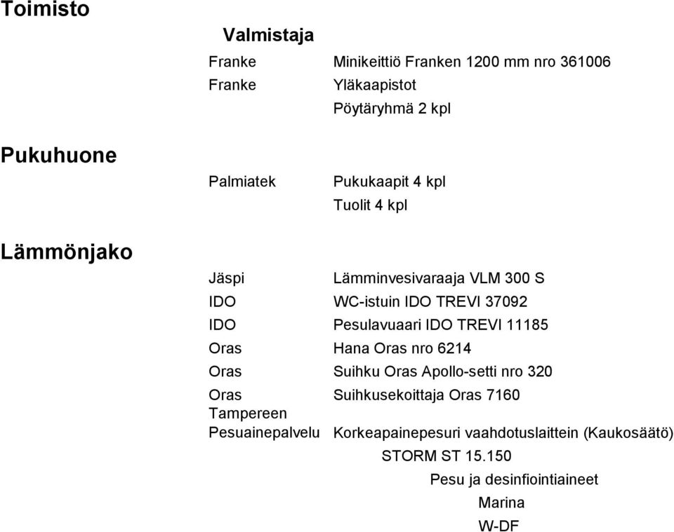 Pesulavuaari IDO TREVI 11185 Oras Hana Oras nro 6214 Oras Suihku Oras Apollo-setti nro 320 Oras Suihkusekoittaja Oras