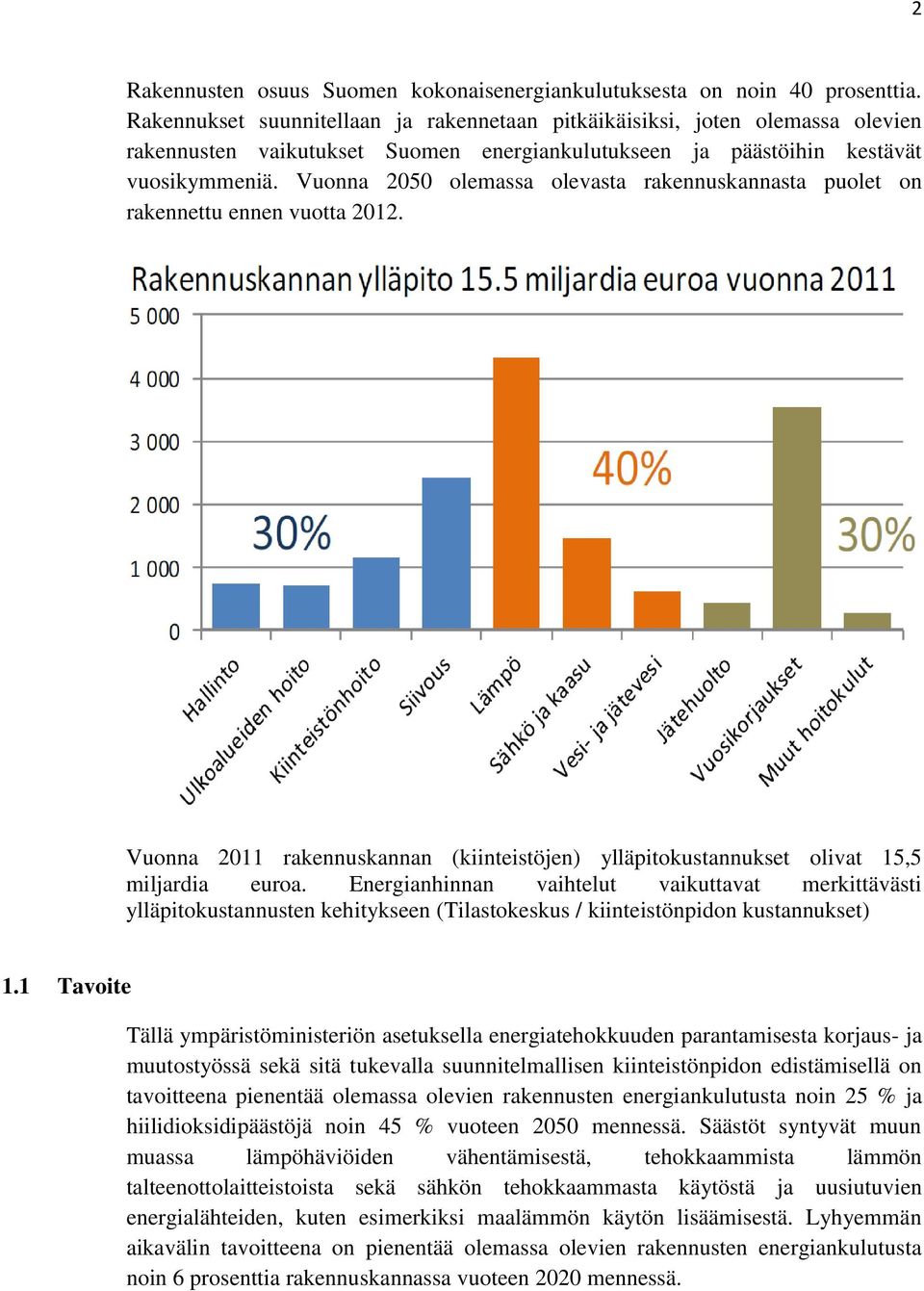 Vuonna 2050 olemassa olevasta rakennuskannasta puolet on rakennettu ennen vuotta 2012. Vuonna 2011 rakennuskannan (kiinteistöjen) ylläpitokustannukset olivat 15,5 miljardia euroa.