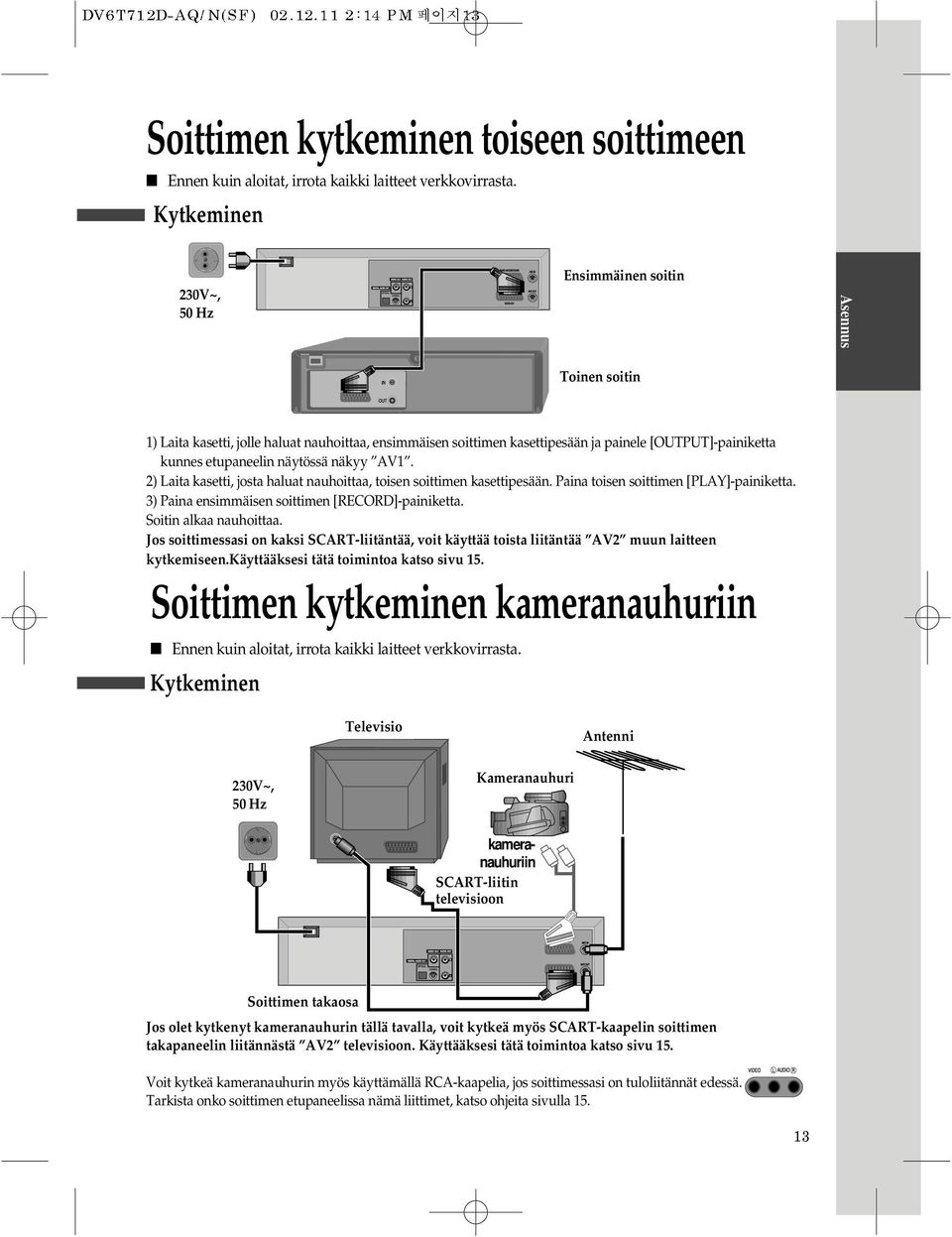 näytössä näkyy AV. ) Laita kasetti, josta haluat nauhoittaa, toisen soittimen kasettipesään. Paina toisen soittimen [PLAY]-painiketta. 3) Paina ensimmäisen soittimen [RECORD]-painiketta.