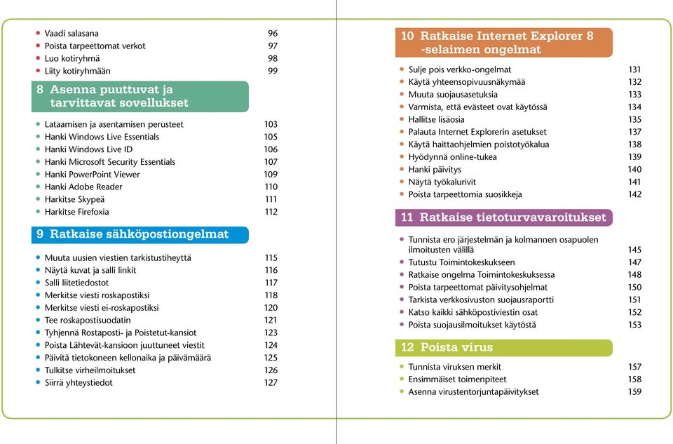 sähköpostiongelmat Muuta uusien viestien tarkistustiheyttä 115 Näytä kuvat ja salli linkit 116 Salli liitetiedostot 117 Merkitse viesti roskapostiksi 118 Merkitse viesti ei-roskapostiksi 120 Tee