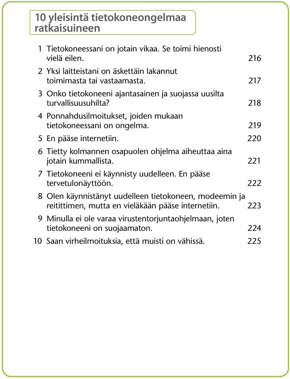 220 6 Tietty kolmannen osapuolen ohjelma aiheuttaa aina jotain kummallista. 221 7 Tietokoneeni ei käynnisty uudelleen. En pääse tervetulonäyttöön.