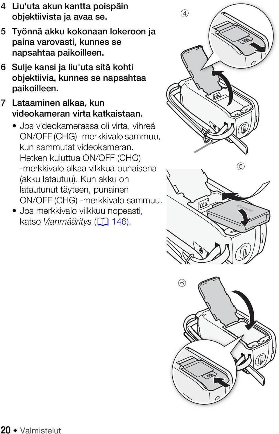 Jos videokamerassa oli virta, vihreä ON/OFF (CHG) -merkkivalo sammuu, kun sammutat videokameran.