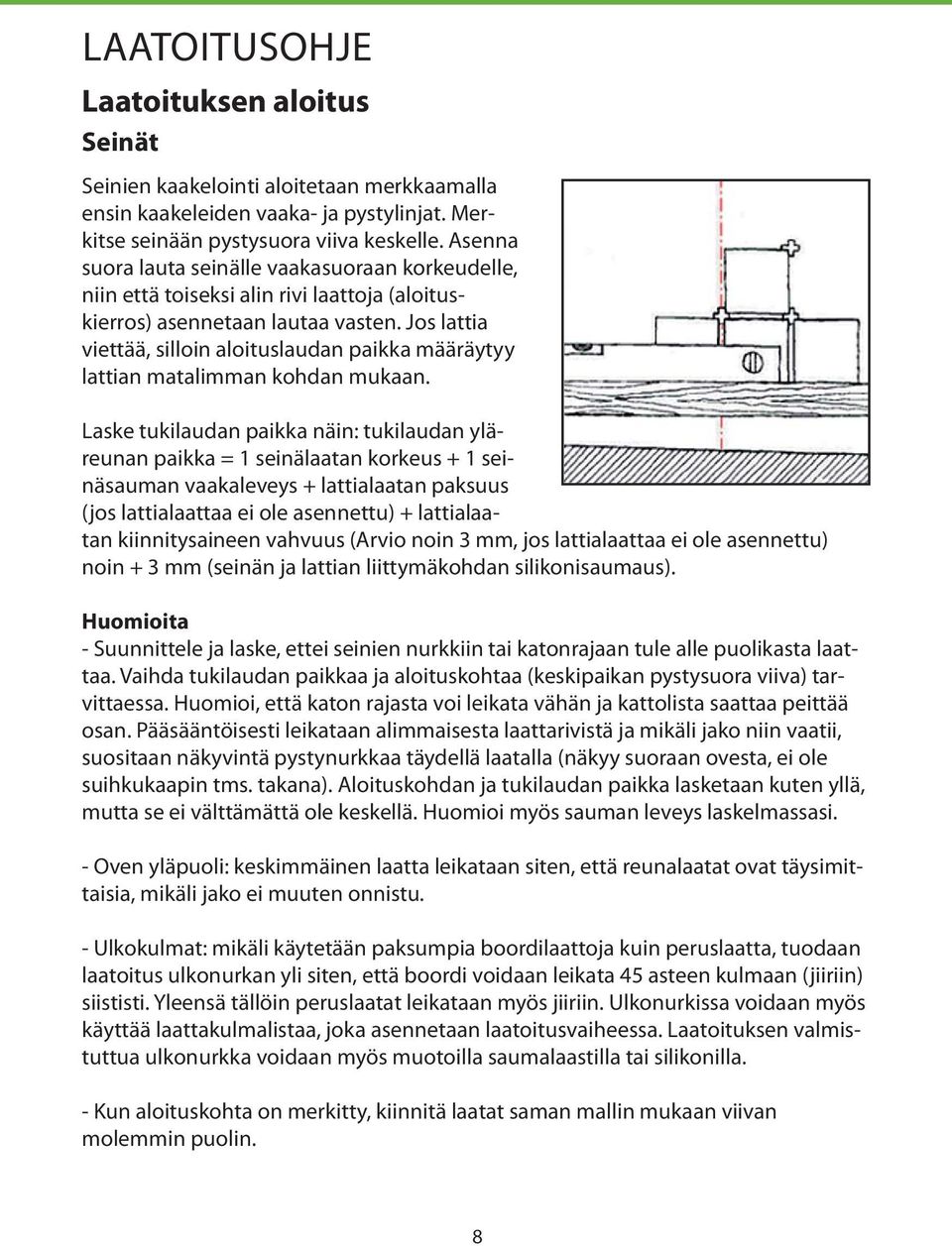 Jos lattia viettää, silloin aloituslaudan paikka määräytyy lattian matalimman kohdan mukaan.