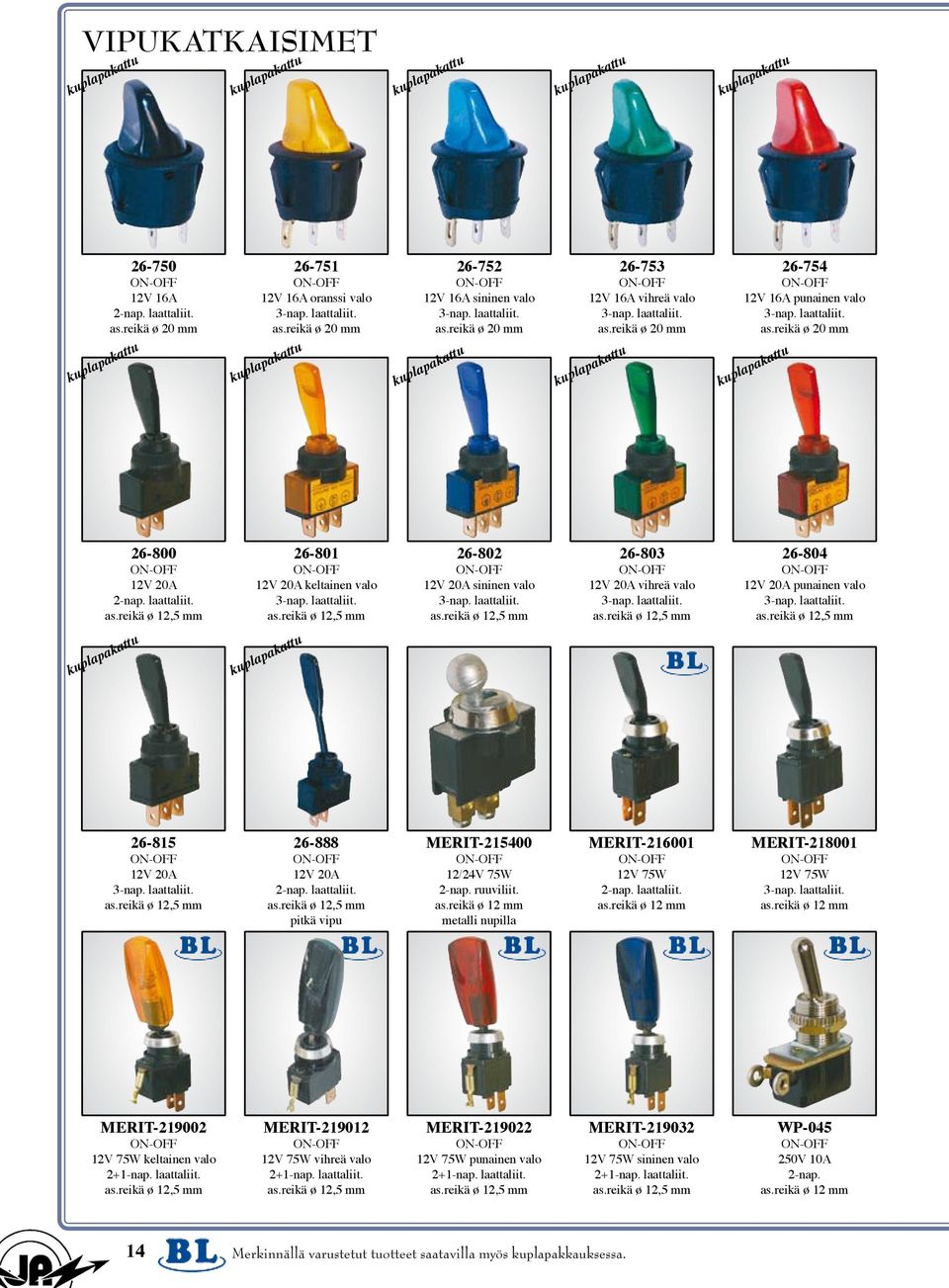 reikä ø 20 mm 26-800 12V 20A 26-801 12V 20A keltainen valo 26-802 12V 20A sininen valo 26-803 12V 20A vihreä valo 26-804 12V 20A punainen valo 26-815 12V 20A 26-888 12V 20A pitkä vipu