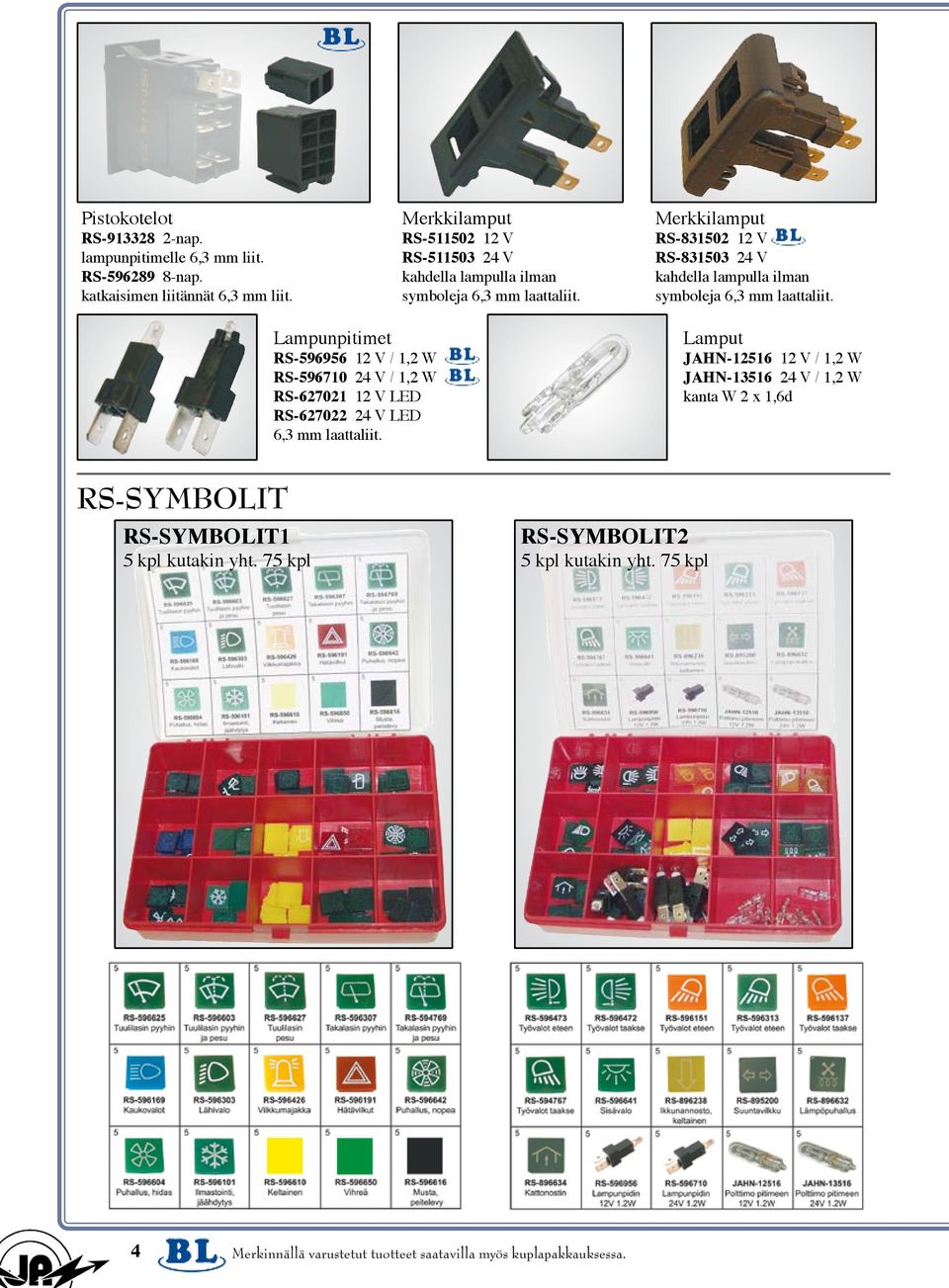 Merkkilamput RS-831502 12 V RS-831503 24 V kahdella lampulla ilman symboleja 6,3 mm laattaliit.