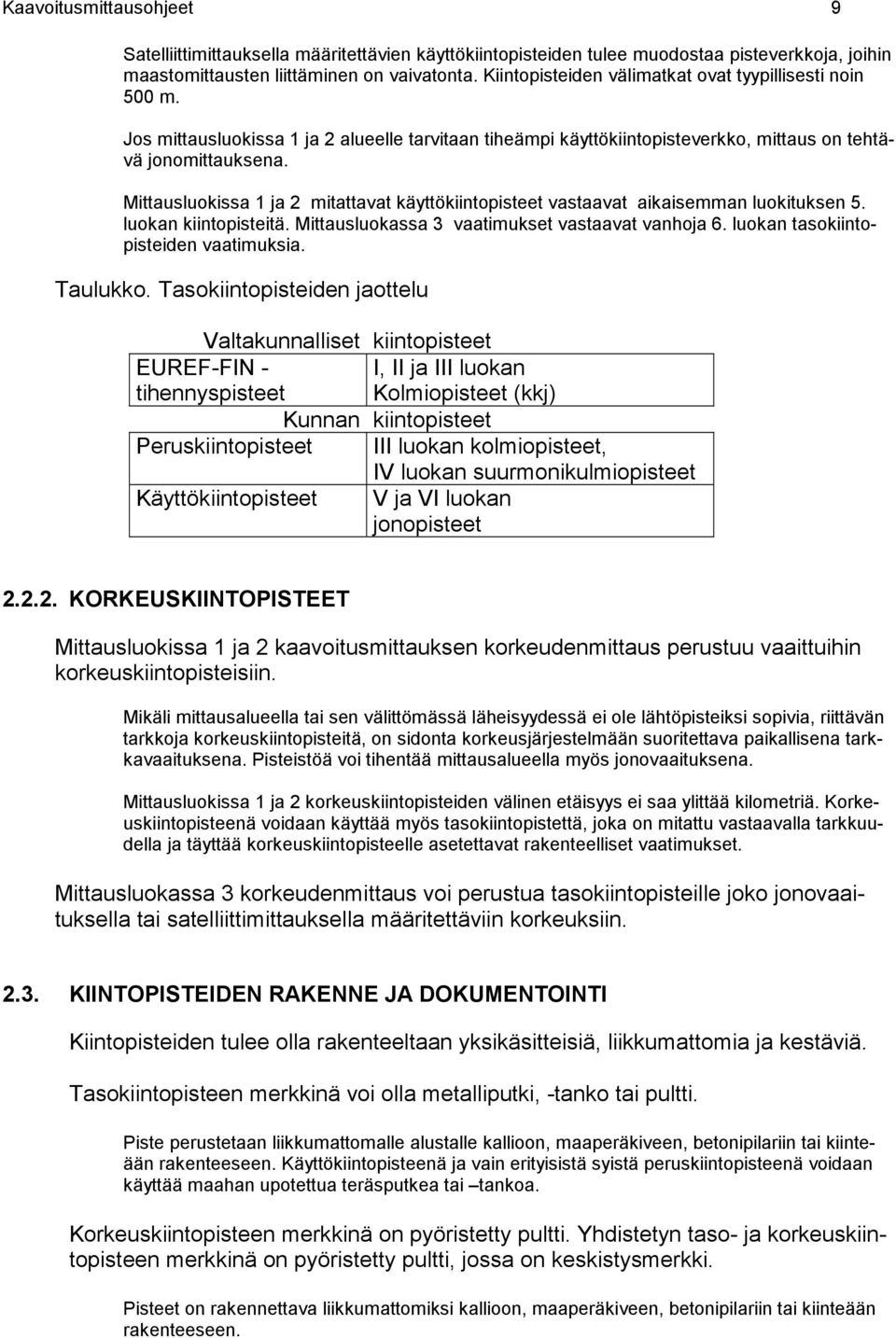 Mittausluokissa 1 ja 2 mitattavat käyttökiintopisteet vastaavat aikaisemman luokituksen 5. luokan kiintopisteitä. Mittausluokassa 3 vaatimukset vastaavat vanhoja 6.