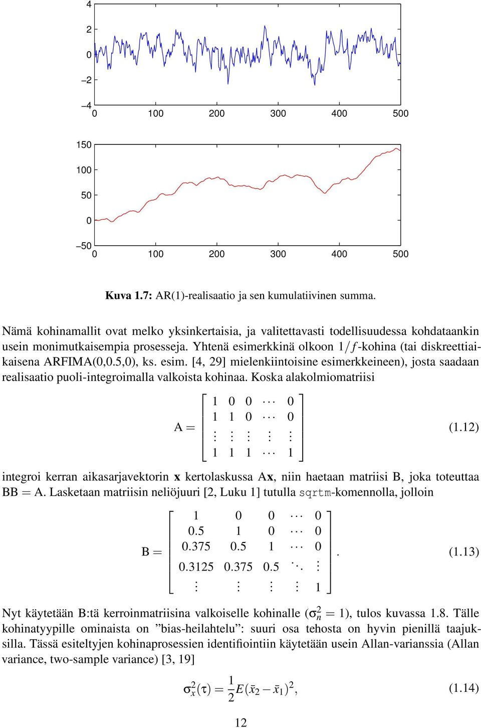 Yhtenä esimerkkinä olkoon 1/ f -kohina (tai diskreettiaikaisena ARFIMA(0,0.5,0), ks. esim. [4, 29] mielenkiintoisine esimerkkeineen), josta saadaan realisaatio puoli-integroimalla valkoista kohinaa.