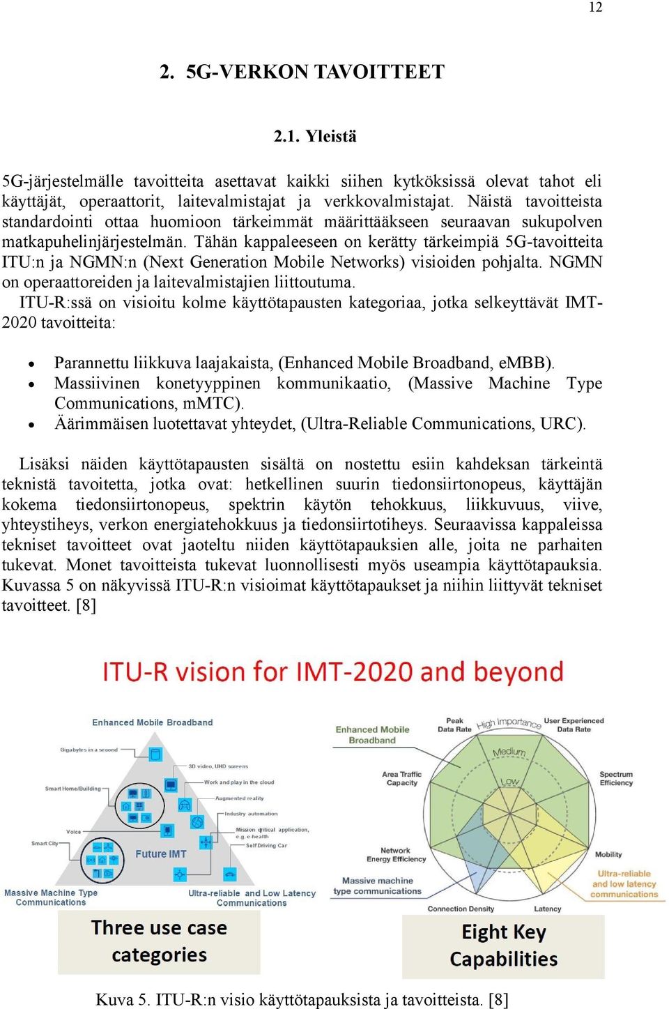 Tähän kappaleeseen on kerätty tärkeimpiä 5G-tavoitteita ITU:n ja NGMN:n (Next Generation Mobile Networks) visioiden pohjalta. NGMN on operaattoreiden ja laitevalmistajien liittoutuma.