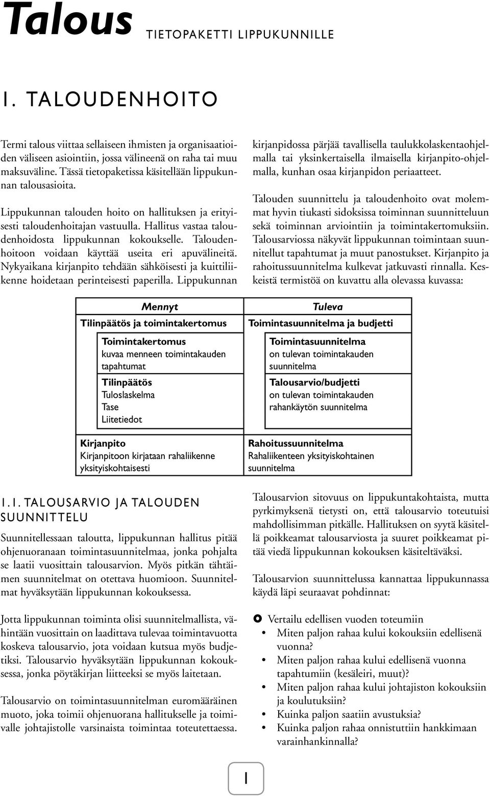 Hallitus vastaa taloudenhoidosta lippukunnan kokoukselle. Taloudenhoitoon voidaan käyttää useita eri apuvälineitä.