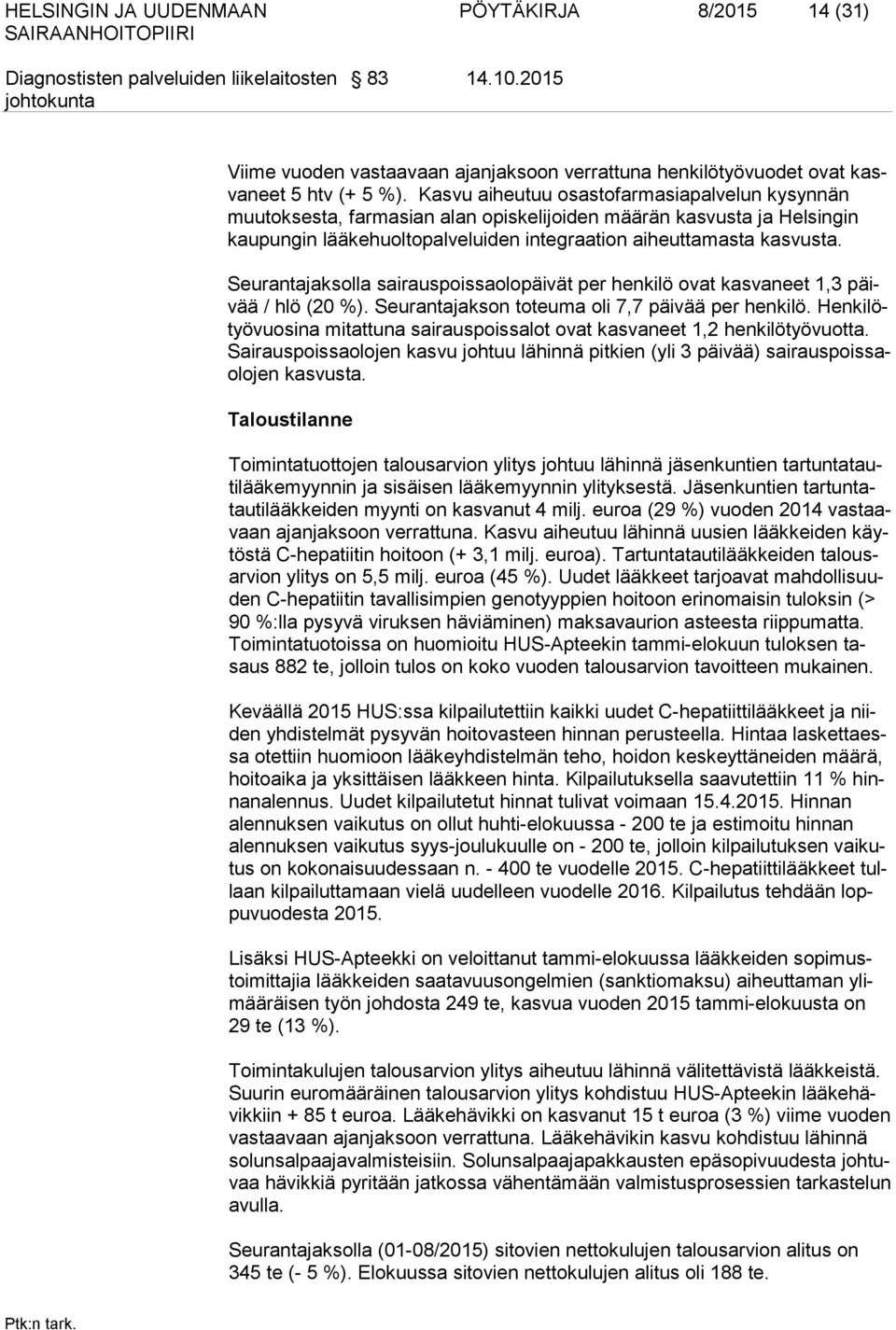 Seurantajaksolla sairauspoissaolopäivät per henkilö ovat kasvaneet 1,3 päivää / hlö (20 %). Seurantajakson toteuma oli 7,7 päivää per henkilö.