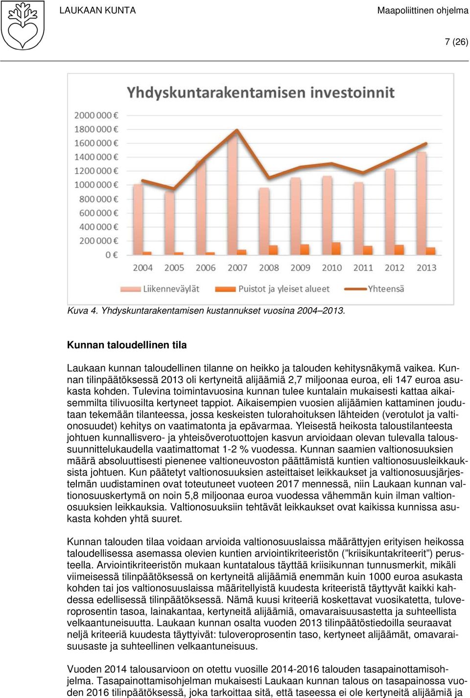 Tulevina toimintavuosina kunnan tulee kuntalain mukaisesti kattaa aikaisemmilta tilivuosilta kertyneet tappiot.