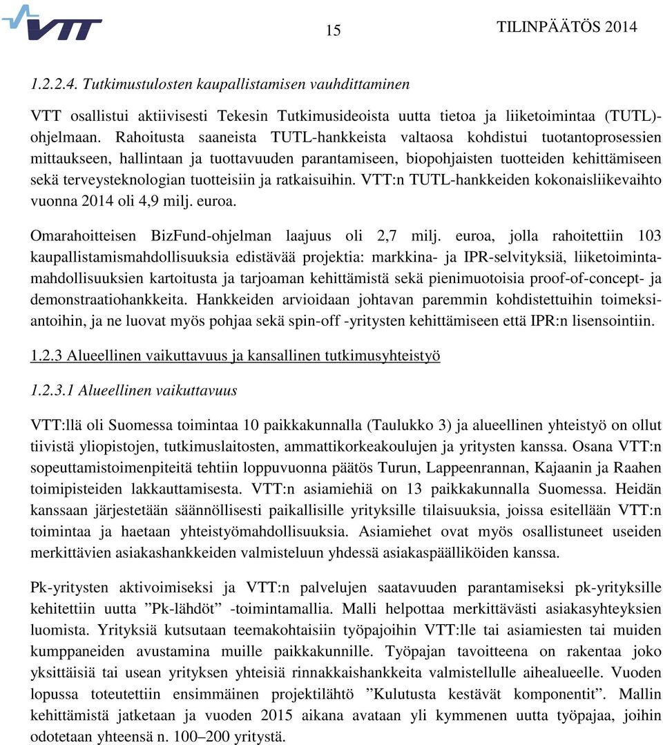 tuotteisiin ja ratkaisuihin. VTT:n TUTL-hankkeiden kokonaisliikevaihto vuonna 2014 oli 4,9 milj. euroa. Omarahoitteisen BizFund-ohjelman laajuus oli 2,7 milj.