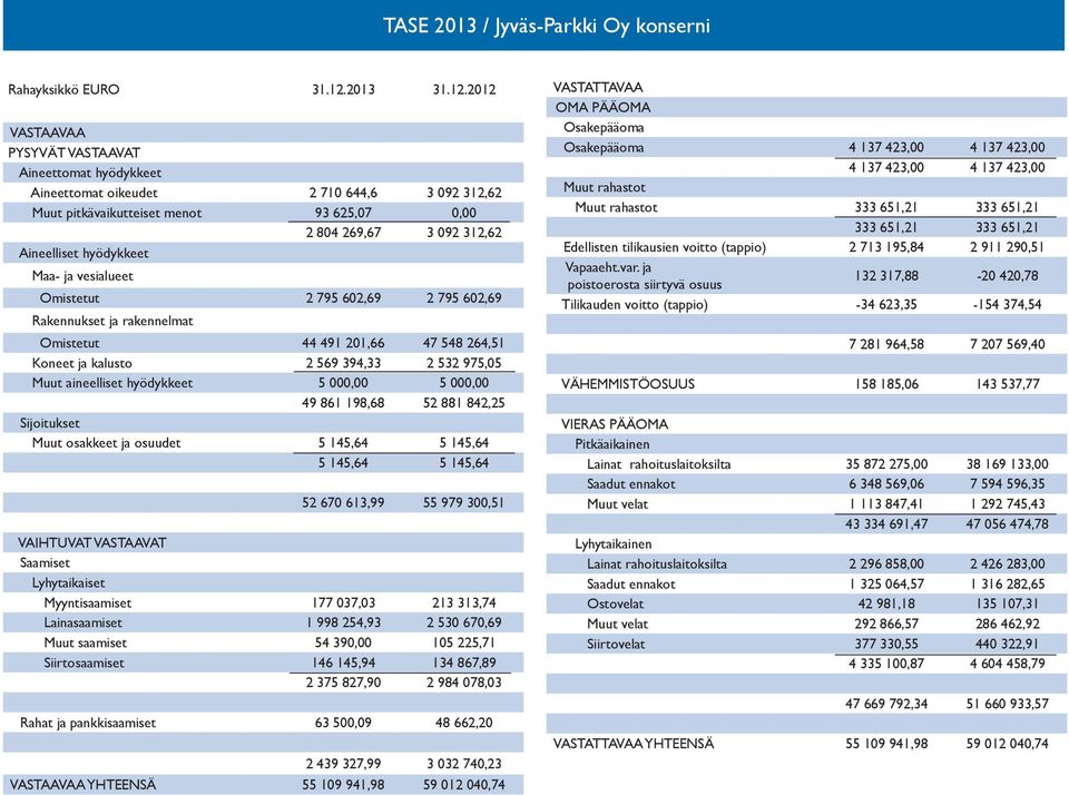 2012 VASTAAVAA PYSYVÄT VASTAAVAT Aineettomat hyödykkeet Aineettomat oikeudet 2 710 644,6 3 092 312,62 Muut pitkävaikutteiset menot 93 625,07 0,00 2 804 269,67 3 092 312,62 Aineelliset hyödykkeet Maa-
