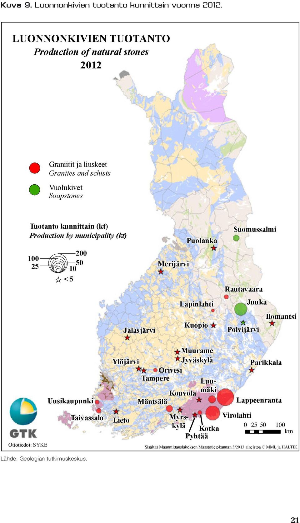 municipality (kt) 100 25 200 10 50 ^_ < 5 Jalasjärvi Merijärvi Puolanka Lapinlahti Kuopio Suomussalmi Rautavaara Juuka ^_ Polvijärvi Ilomantsi Ottotiedot: SYKE