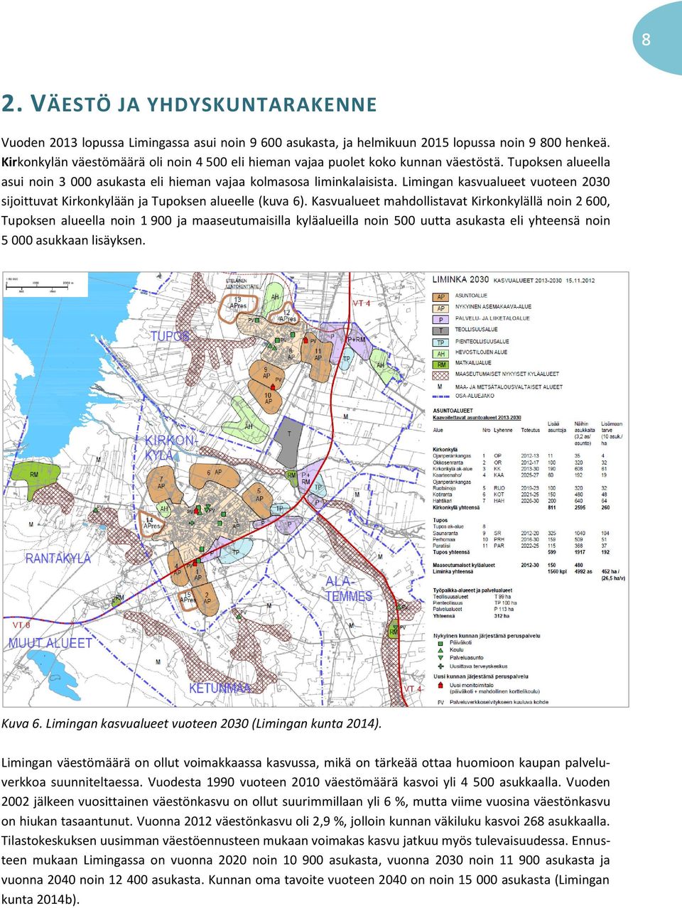 Limingan kasvualueet vuoteen 2030 sijoittuvat Kirkonkylään ja Tupoksen alueelle (kuva 6).