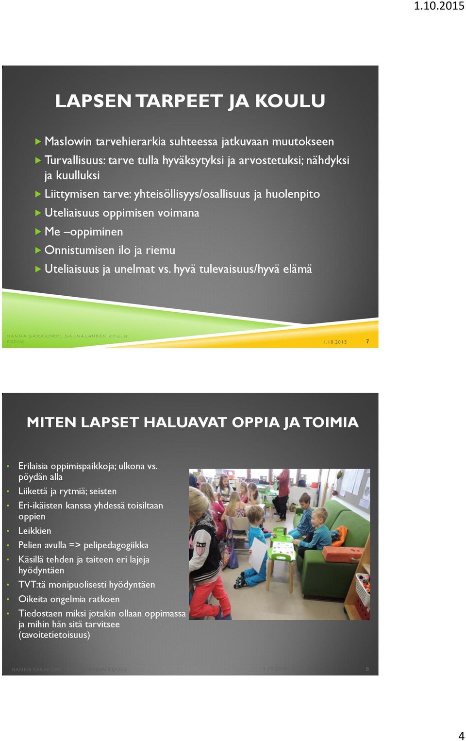 hyvä tulevaisuus/hyvä elämä H A N NA SA R A KORPI, SA U NA LAHDEN K OULU, E SPOO 1.10.2015 7 MITEN LAPSET HALUAVAT OPPIA JA TOIMIA Erilaisia oppimispaikkoja; ulkona vs.