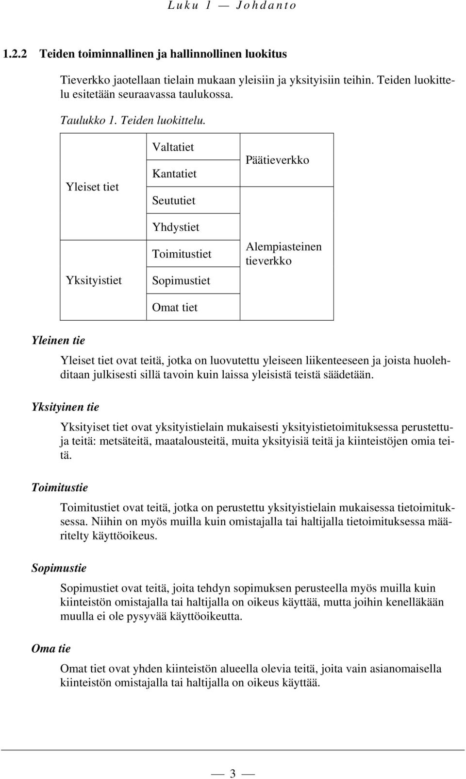 Yleiset tiet Yksityistiet Valtatiet Kantatiet Seututiet Yhdystiet Toimitustiet Sopimustiet Omat tiet Päätieverkko Alempiasteinen tieverkko Yleinen tie Yleiset tiet ovat teitä, jotka on luovutettu