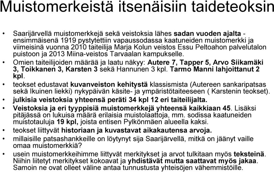 Omien taiteilijoiden määrää ja laatu näkyy: Autere 7, Tapper 5, Arvo Siikamäki 3, Toikkanen 3, Karsten 3 sekä Hannunen 3 kpl. Tarmo Manni lahjoittanut 2 kpl.