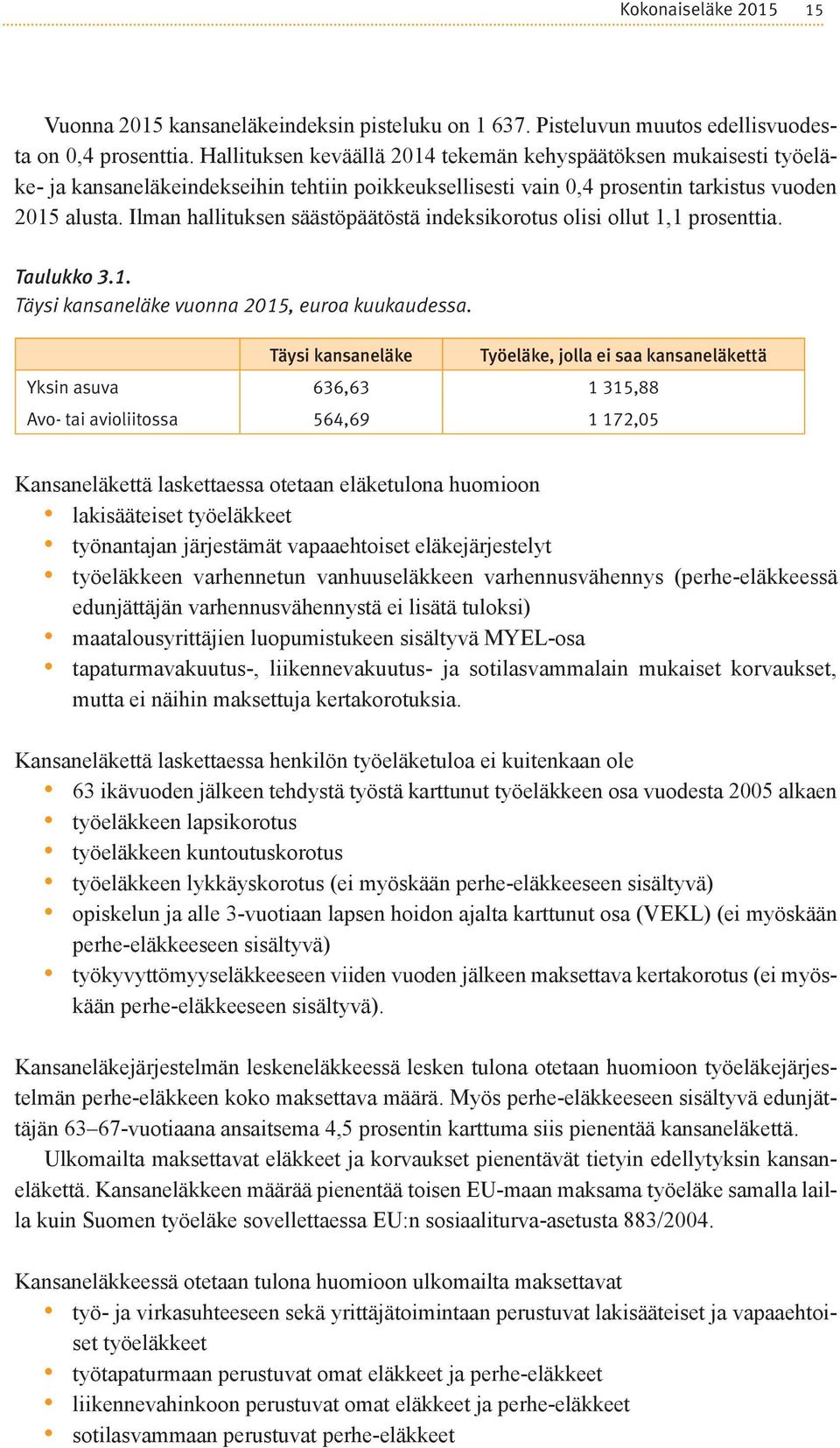 Ilman hallituksen säästöpäätöstä indeksikorotus olisi ollut 1,1 prosenttia. Taulukko 3.1. Täysi kansaneläke vuonna 2015, euroa kuukaudessa.