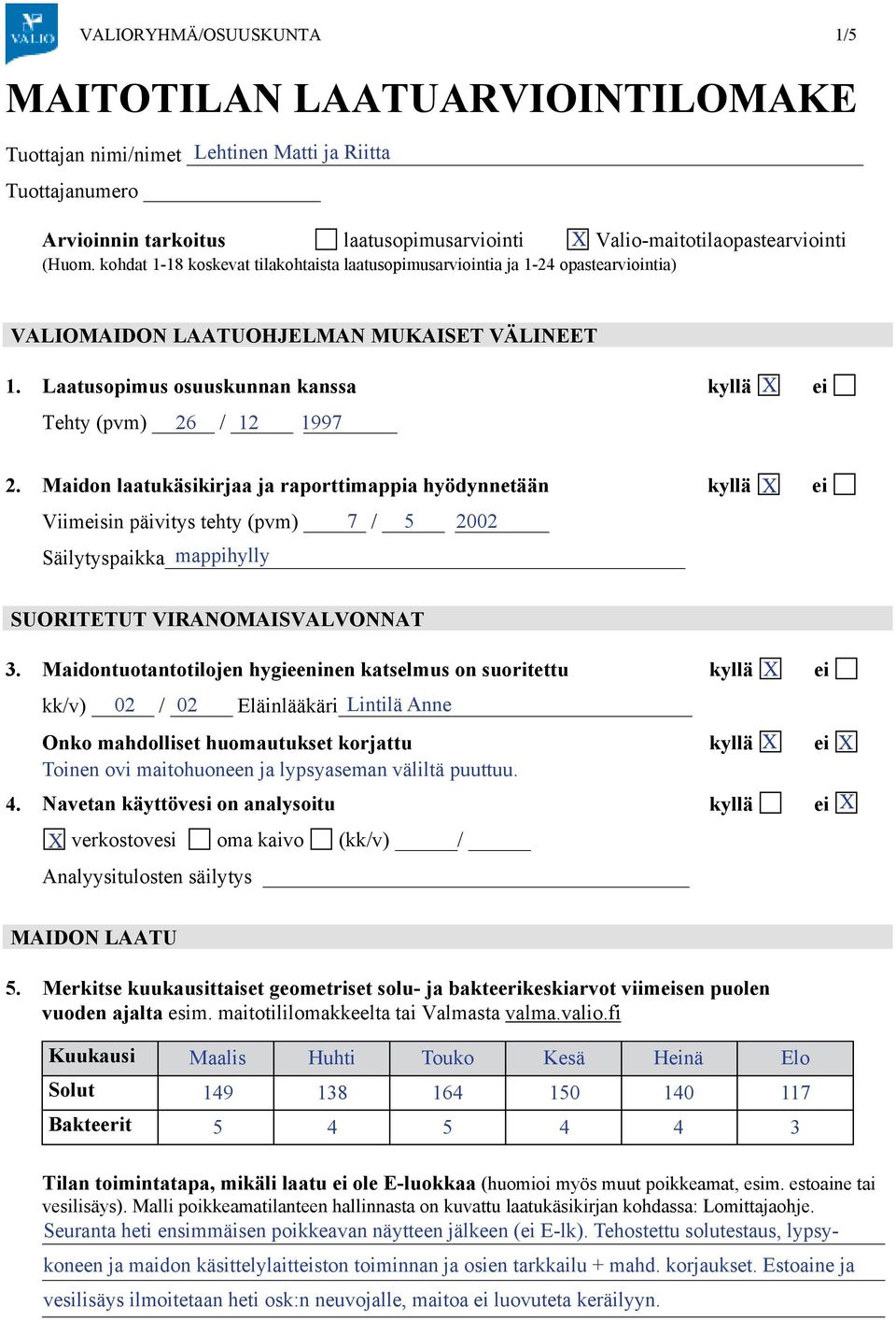 kohdat 1-18 koskevat tilakohtaista laatusopimusarviointia ja 1-2 opastearviointia) VALIOMAIDON LAATUOHJELMAN MUKAISET VÄLINEET 1. Laatusopimus osuuskunnan kanssa Tehty (pvm) 26 / 12 1997 2.