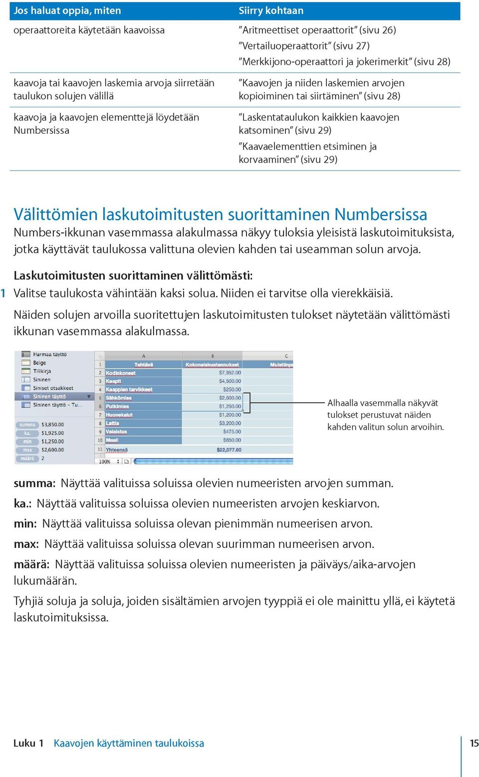 Laskentataulukon kaikkien kaavojen katsominen (sivu 29) Kaavaelementtien etsiminen ja korvaaminen (sivu 29) Välittömien laskutoimitusten suorittaminen Numbersissa Numbers-ikkunan vasemmassa