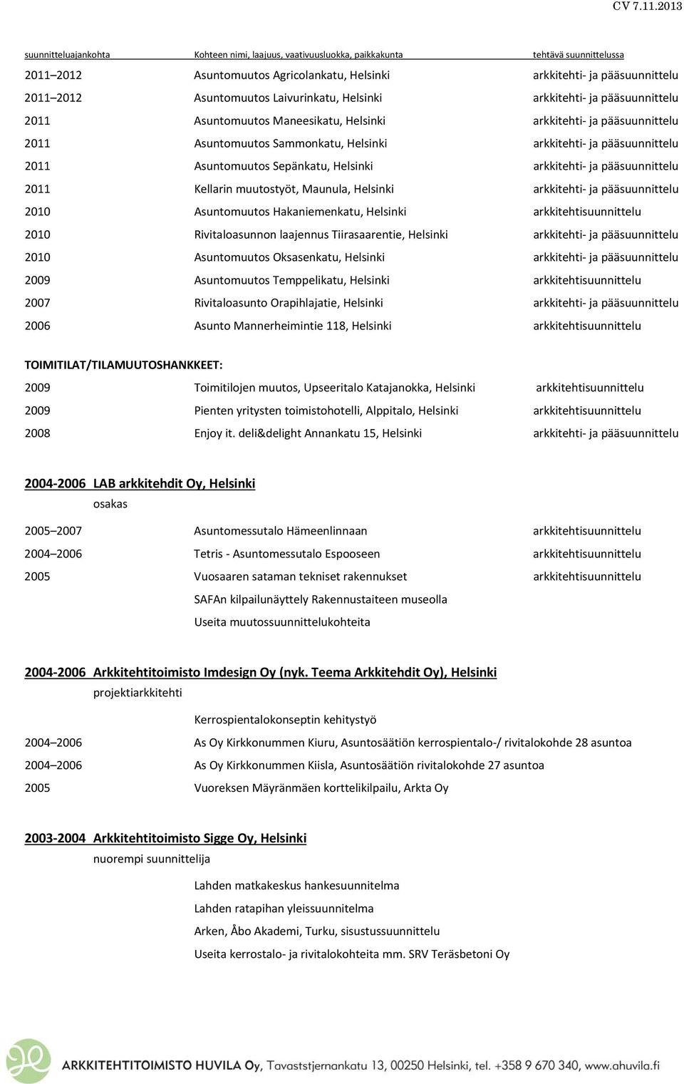 Helsinki arkkitehti ja pääsuunnittelu 2010 Asuntomuutos Hakaniemenkatu, Helsinki arkkitehtisuunnittelu 2010 Rivitaloasunnon laajennus Tiirasaarentie, Helsinki arkkitehti ja pääsuunnittelu 2010