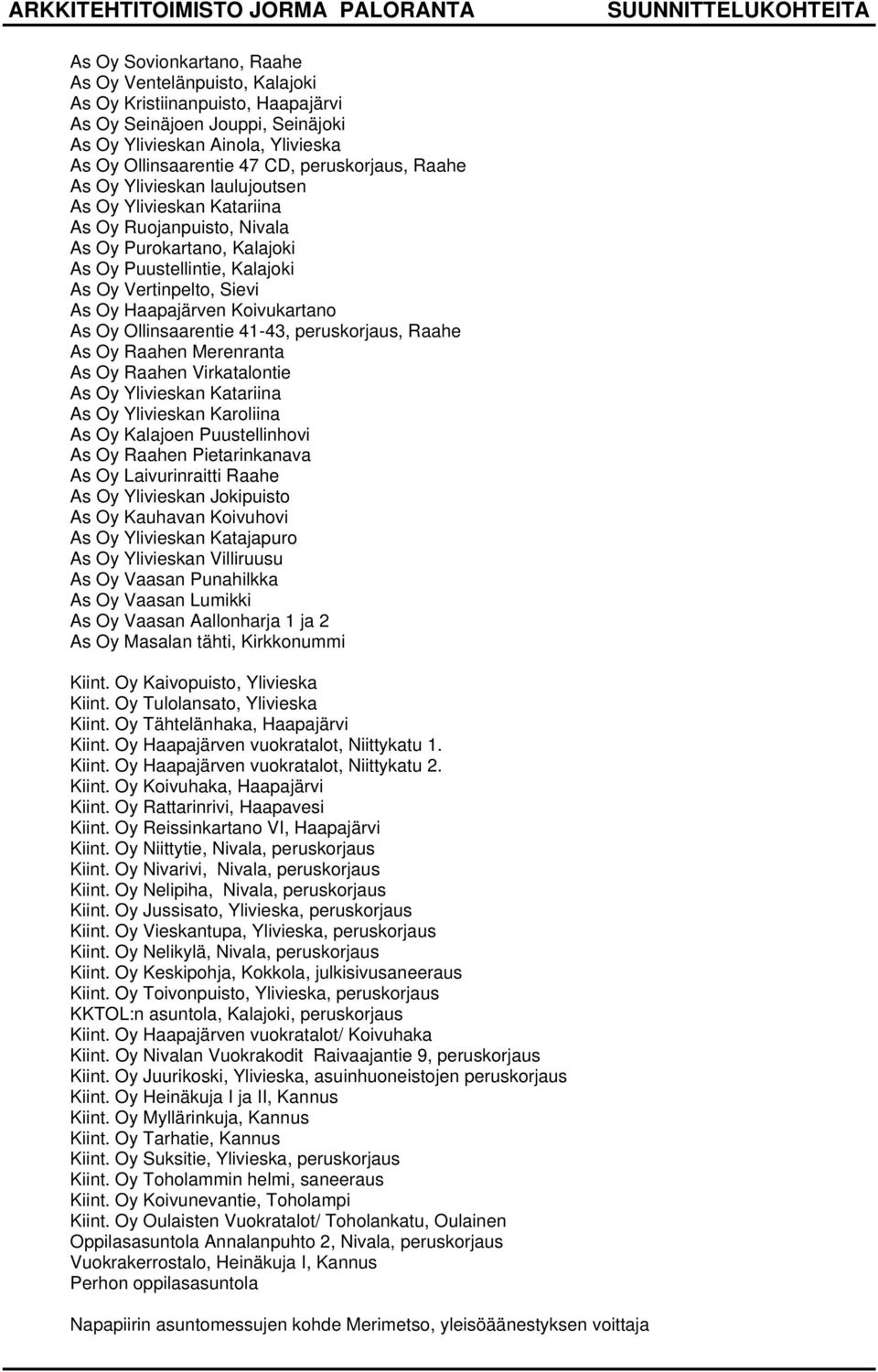 Haapajärven Koivukartano As Oy Ollinsaarentie 41-43, peruskorjaus, Raahe As Oy Raahen Merenranta As Oy Raahen Virkatalontie As Oy Ylivieskan Katariina As Oy Ylivieskan Karoliina As Oy Kalajoen