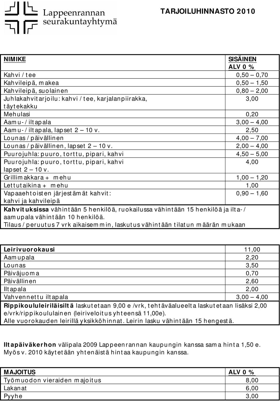 1,60 kahvi ja kahvileipä Tilaus / peruutus 7 vrk aikaisemmin, laskutus vähintään tilatun määrän mukaan Leirivuorokausi 11,00 Aamupala 2,20 Lounas 3,50 Päiväjuoma 0,70 Päivällinen 2,60 Iltapala 2,00