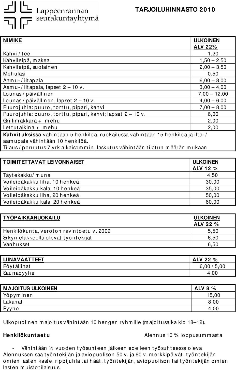 12 % Täytekakku/ muna 4,50 Voileipäkakku liha, 10 henkeä 30,00 Voileipäkakku kala, 10 henkeä 35,00 Voileipäkakku liha, 20 henkeä 50,00 Voileipäkakku kala, 20 henkeä 60,00 TYÖPAIKKARUOKAILU