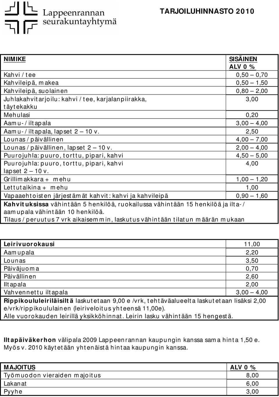 kahvileipä 0,90 1,60 Tilaus / peruutus 7 vrk aikaisemmin, laskutus vähintään tilatun määrän mukaan Leirivuorokausi 11,00 Aamupala 2,20 Lounas 3,50 Päiväjuoma 0,70 Päivällinen 2,60 Iltapala 2,00