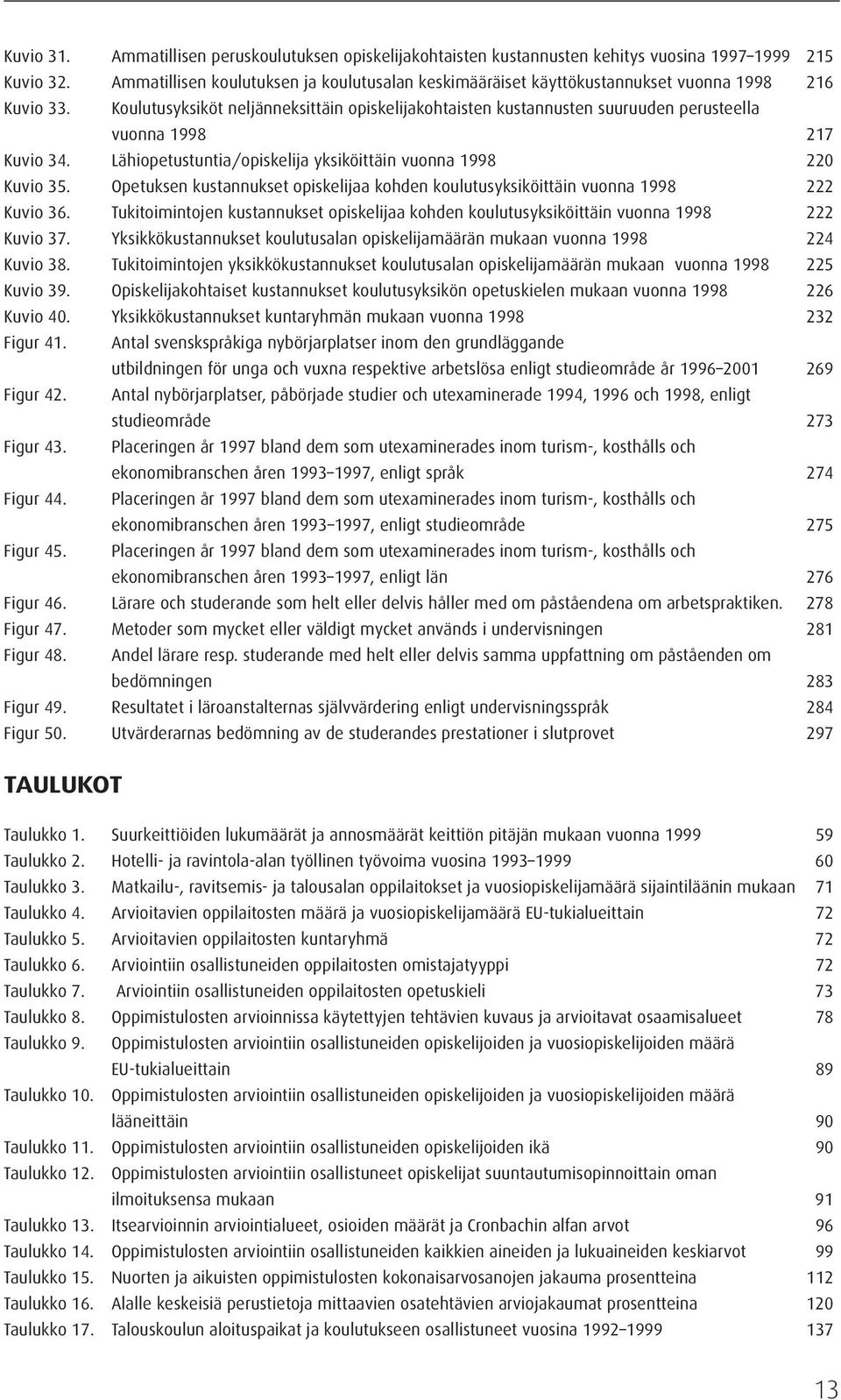 Koulutusyksiköt neljänneksittäin opiskelijakohtaisten kustannusten suuruuden perusteella vuonna 1998 217 Kuvio 34. Lähiopetustuntia/opiskelija yksiköittäin vuonna 1998 220 Kuvio 35.