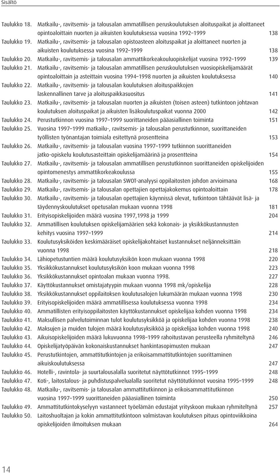 Matkailu-, ravitsemis- ja talousalan opistoasteen aloituspaikat ja aloittaneet nuorten ja aikuisten koulutuksessa vuosina 1992 1999 138 Taulukko 20.