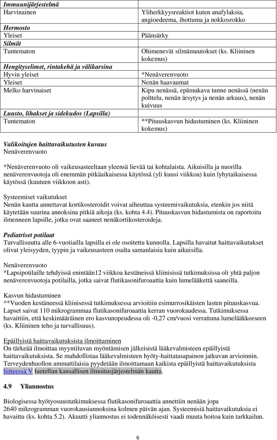 Kliininen kokemus) *Nenäverenvuoto Nenän haavaumat Kipu nenässä, epämukava tunne nenässä (nenän polttelu, nenän ärsytys ja nenän arkuus), nenän kuivuus **Pituuskasvun hidastuminen (ks.