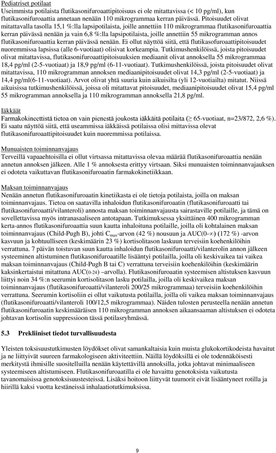 55 mikrogramman annos flutikasonifuroaattia kerran päivässä nenään. Ei ollut näyttöä siitä, että flutikasofuroaattipitoisuudet nuoremmissa lapsissa (alle 6-vuotiaat) olisivat korkeampia.