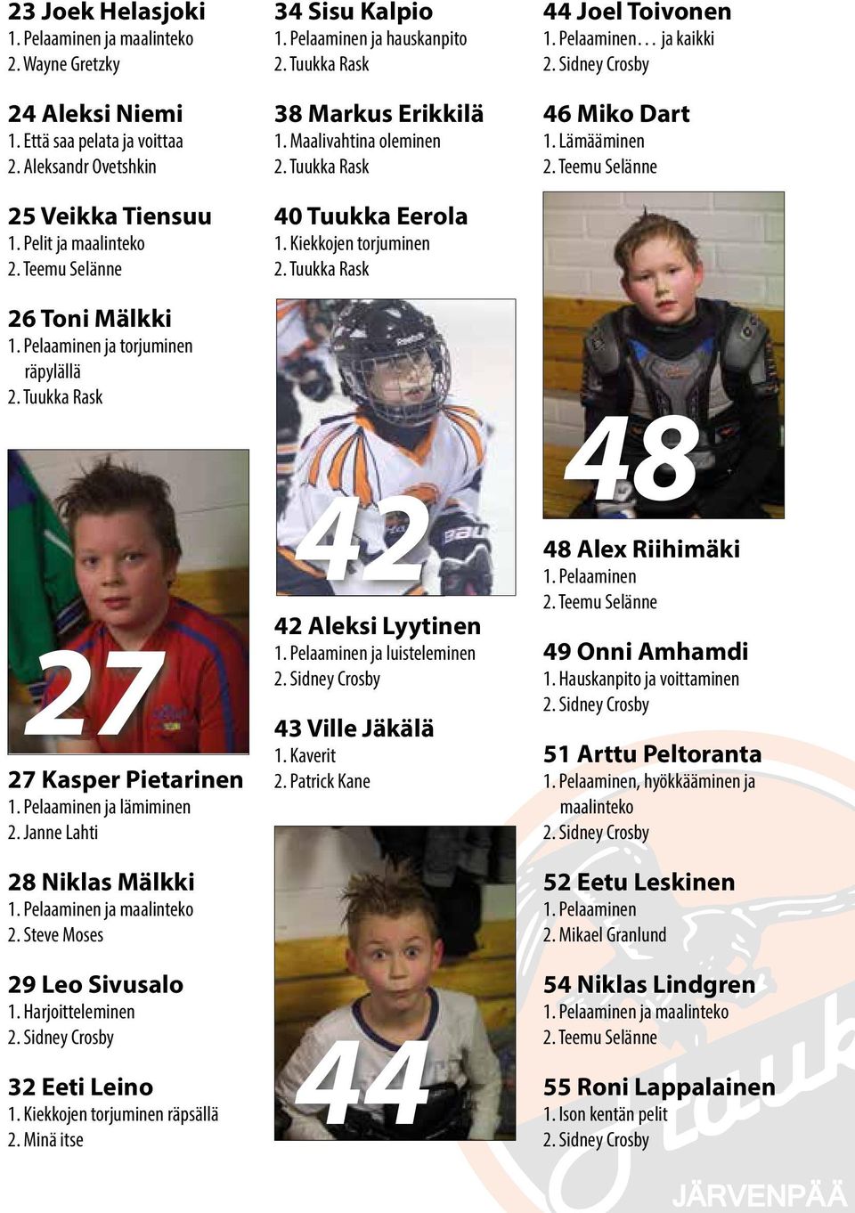 Steve Moses 29 Leo Sivusalo 1. Harjoitteleminen 32 Eeti Leino 1. Kiekkojen torjuminen räpsällä 2. Minä itse 34 Sisu Kalpio 1. Pelaaminen ja hauskanpito 2. Tuukka Rask 38 Markus Erikkilä 1.