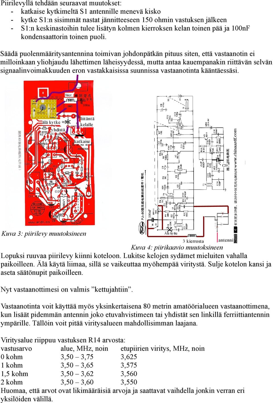 Säädä puolenmääritysantennina toimivan johdonpätkän pituus siten, että vastaanotin ei milloinkaan yliohjaudu lähettimen läheisyydessä, mutta antaa kauempanakin riittävän selvän signaalinvoimakkuuden