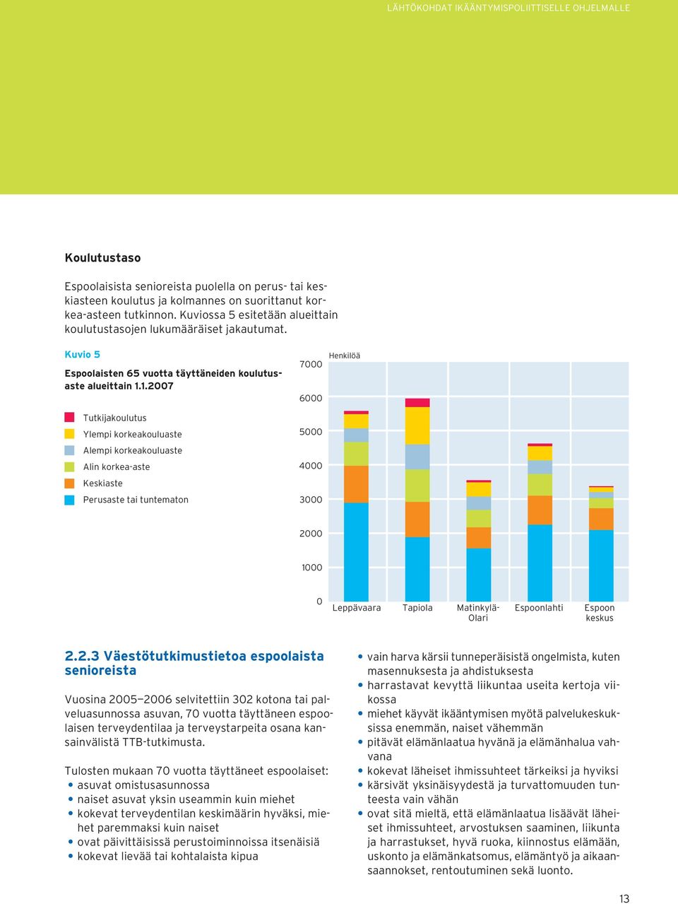 1.2007 Tutkijakoulutus Ylempi korkeakouluaste Alempi korkeakouluaste Alin korkea-aste Keskiaste Perusaste tai tuntematon 7000 6000 5000 4000 3000 Henkilöä 2000 1000 0 Leppävaara Tapiola Matinkylä-