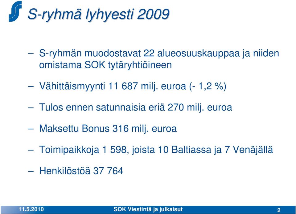 euroa (- 1,2 %) Tulos ennen satunnaisia eriä 270 milj.