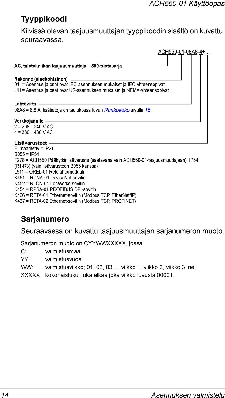 NEMA-yhteensopivat Lähtövirta 08A8 = 8,8 A, lisätietoja on taulukossa luvun Runkokoko sivulla 15.