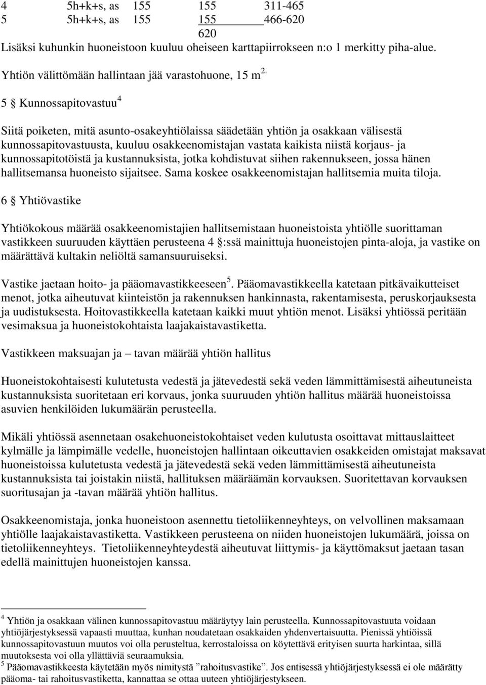 5 Kunnossapitovastuu 4 Siitä poiketen, mitä asunto-osakeyhtiölaissa säädetään yhtiön ja osakkaan välisestä kunnossapitovastuusta, kuuluu osakkeenomistajan vastata kaikista niistä korjaus- ja