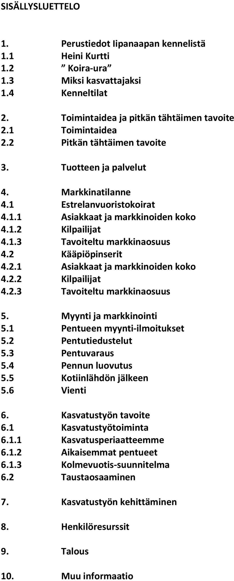 2 Kääpiöpinserit 4.2.1 Asiakkaat ja markkinoiden koko 4.2.2 Kilpailijat 4.2.3 Tavoiteltu markkinaosuus 5. Myynti ja markkinointi 5.1 Pentueen myynti-ilmoitukset 5.2 Pentutiedustelut 5.3 Pentuvaraus 5.