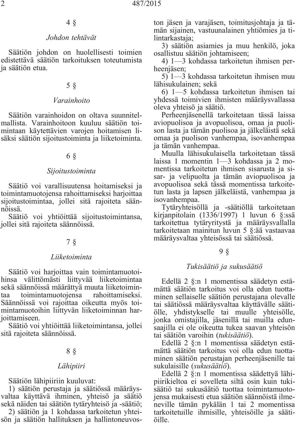 6 Sijoitustoiminta Säätiö voi varallisuutensa hoitamiseksi ja toimintamuotojensa rahoittamiseksi harjoittaa sijoitustoimintaa, jollei sitä rajoiteta säännöissä.