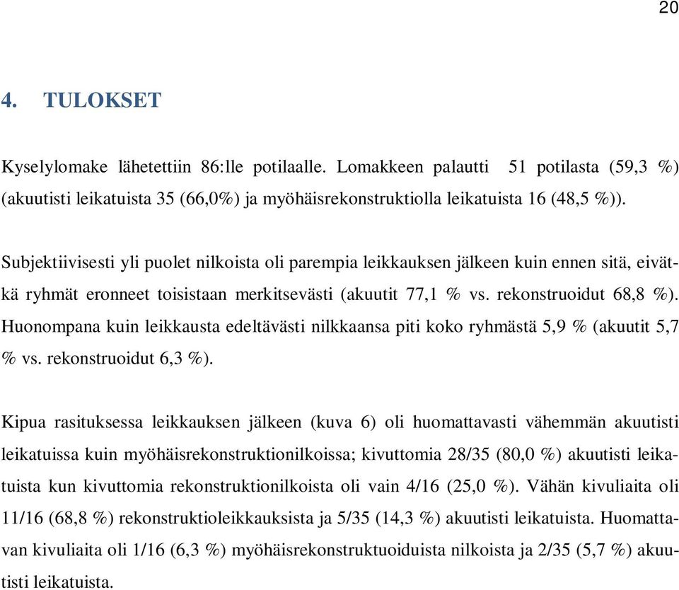 Huonompana kuin leikkausta edeltävästi nilkkaansa piti koko ryhmästä 5,9 % (akuutit 5,7 % vs. rekonstruoidut 6,3 %).