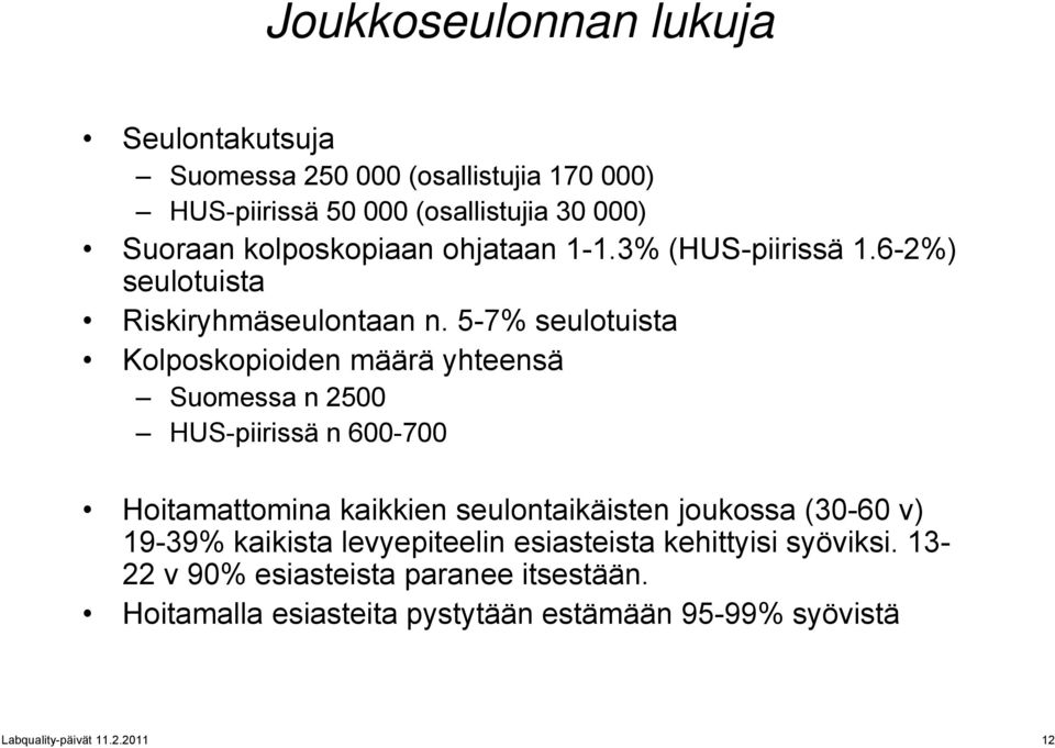 5-7% seulotuista Kolposkopioiden määrä yhteensä Suomessa n 2500 HUS-piirissä n 600-700 Hoitamattomina kaikkien seulontaikäisten joukossa