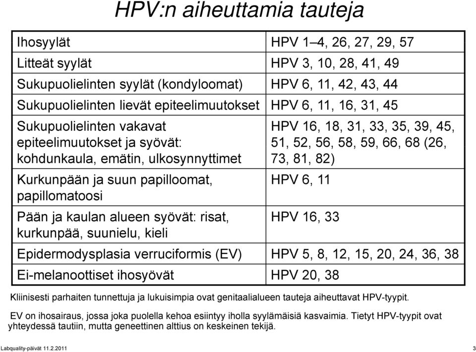 ja suun papilloomat, HPV 6, 11 papillomatoosi Pään ja kaulan alueen syövät: risat, HPV 16, 33 kurkunpää, suunielu, kieli Epidermodysplasia d i verruciformis i (EV) HPV 5, 8, 12, 15, 20, 24, 36, 38